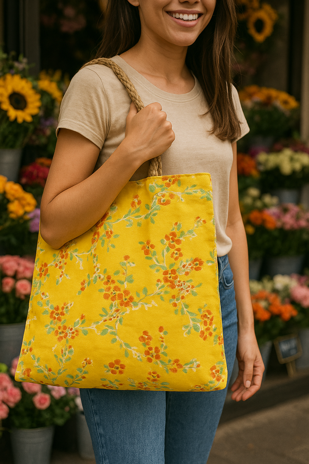 Heritage Bloom Tote Bag with Braided Jute Handles