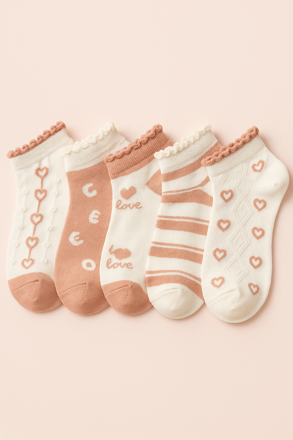 Soft Romance – Blush Pink & White Socks (Set of 5)