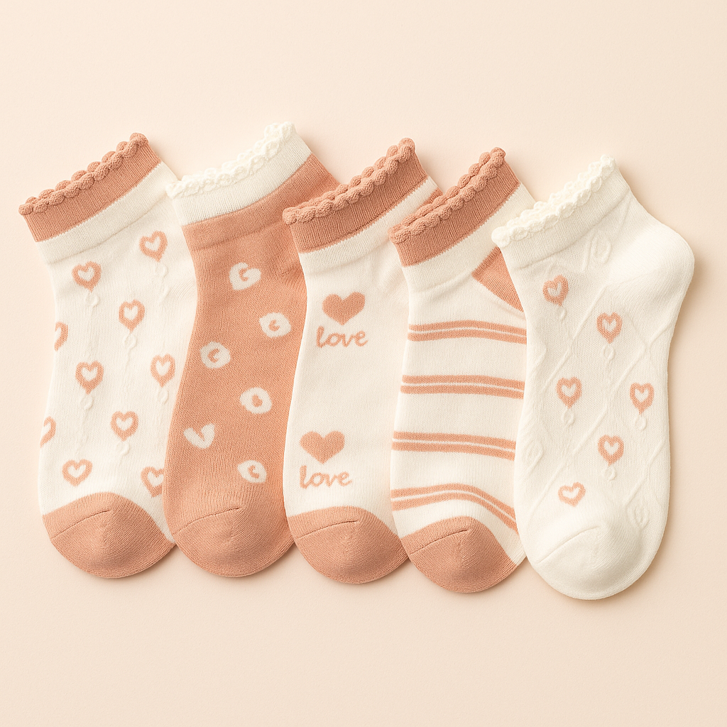 Soft Romance – Blush Pink & White Socks (Set of 5)