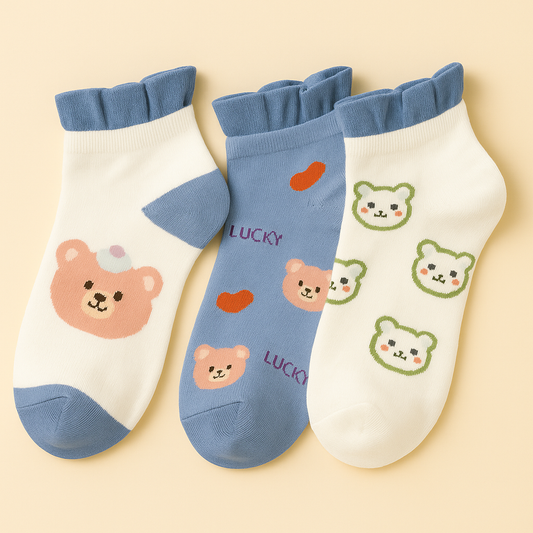 Teddy Frill Socks – Pack of 3 Pairs (Bear Edition)