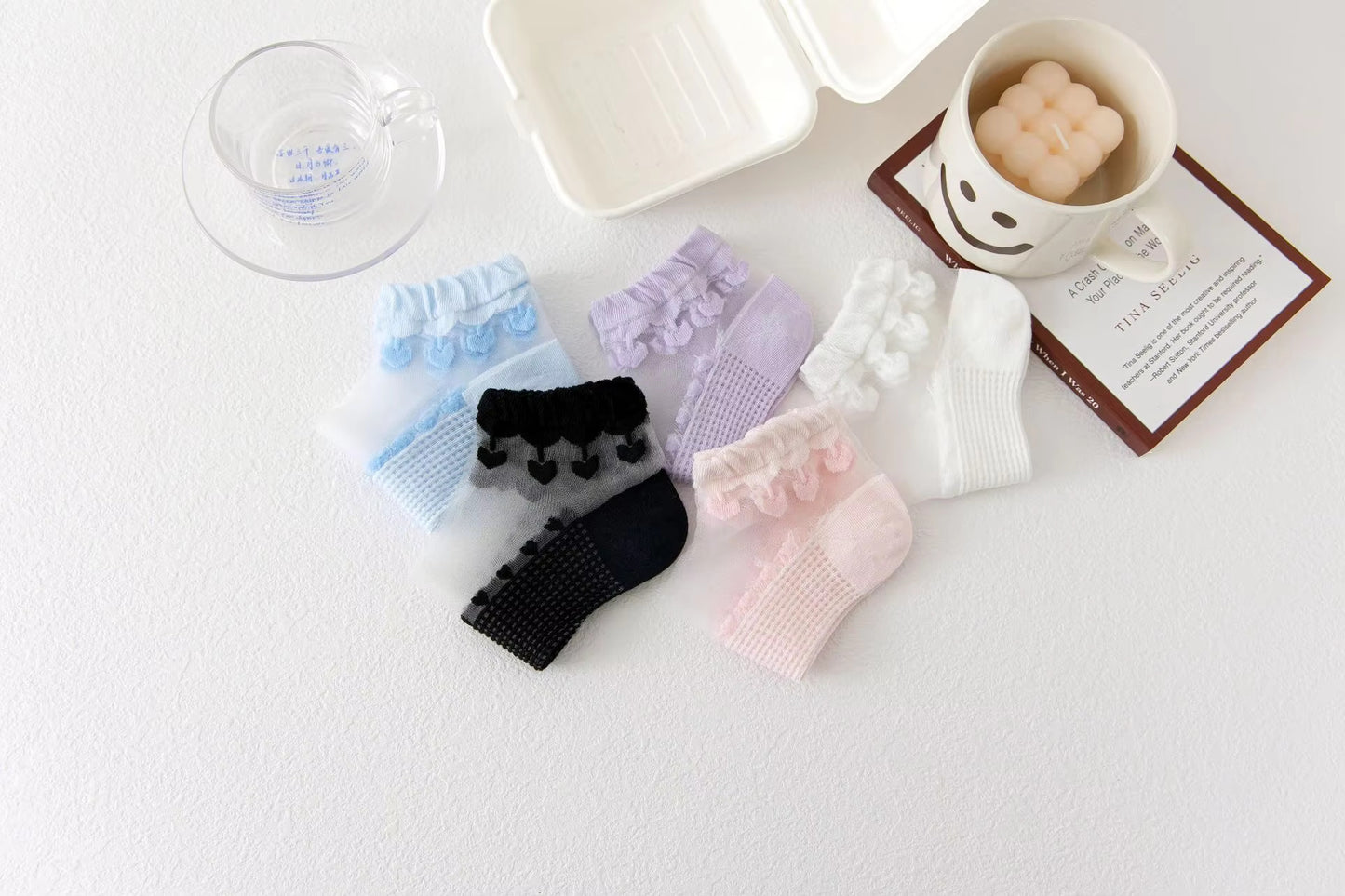 Crystal Frill Mesh Socks – 5-Pair Pastel Edition for Women
