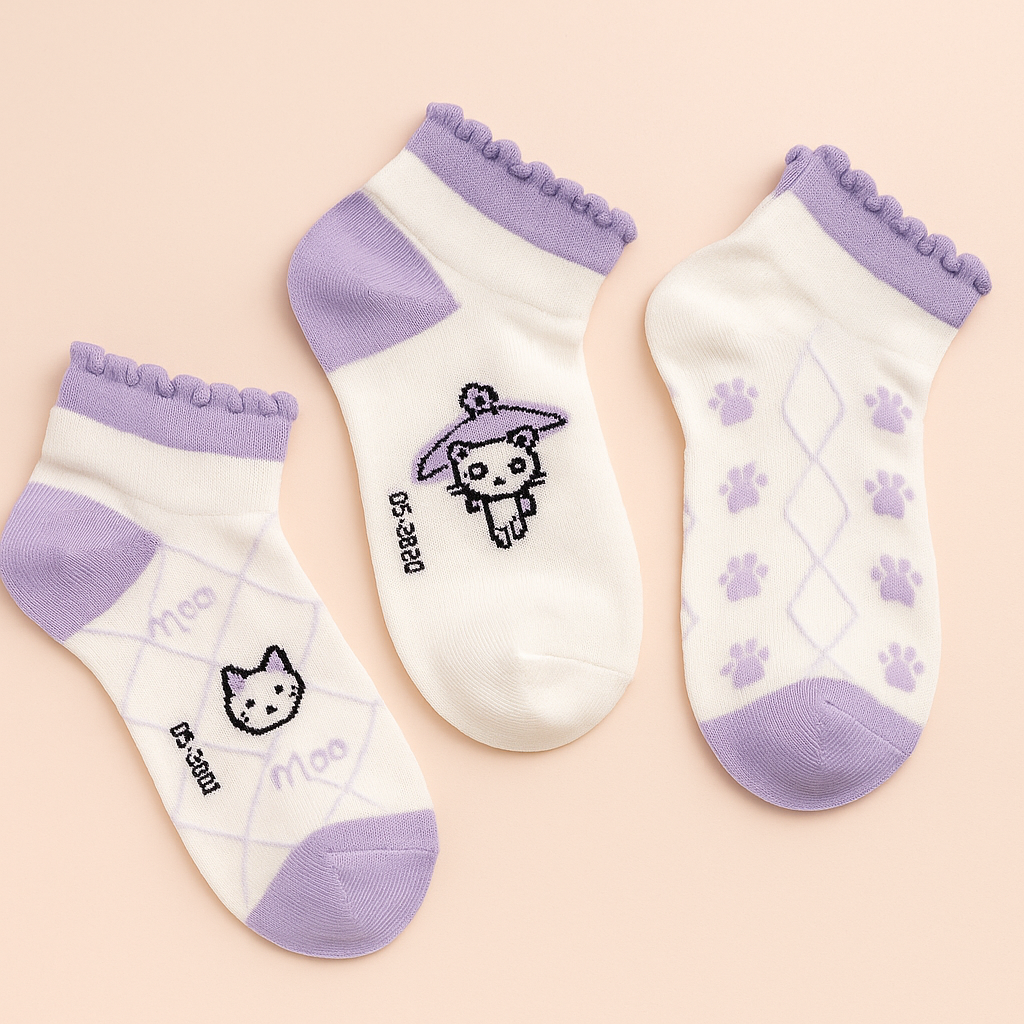 Pastel Kitty Charm – Pack of 5 Socks