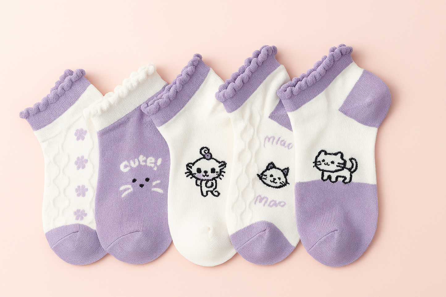 Pastel Kitty Charm – Pack of 5 Socks